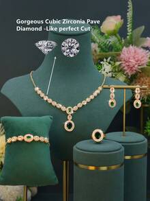 5pcs Round Design Women's Jewelry Set, Elegant Series, Includes Necklace, Bracelet, Earrings, Ring Set, Suitable For Women's Daily Wear And Dating - Round Green Diamond Set - View 4