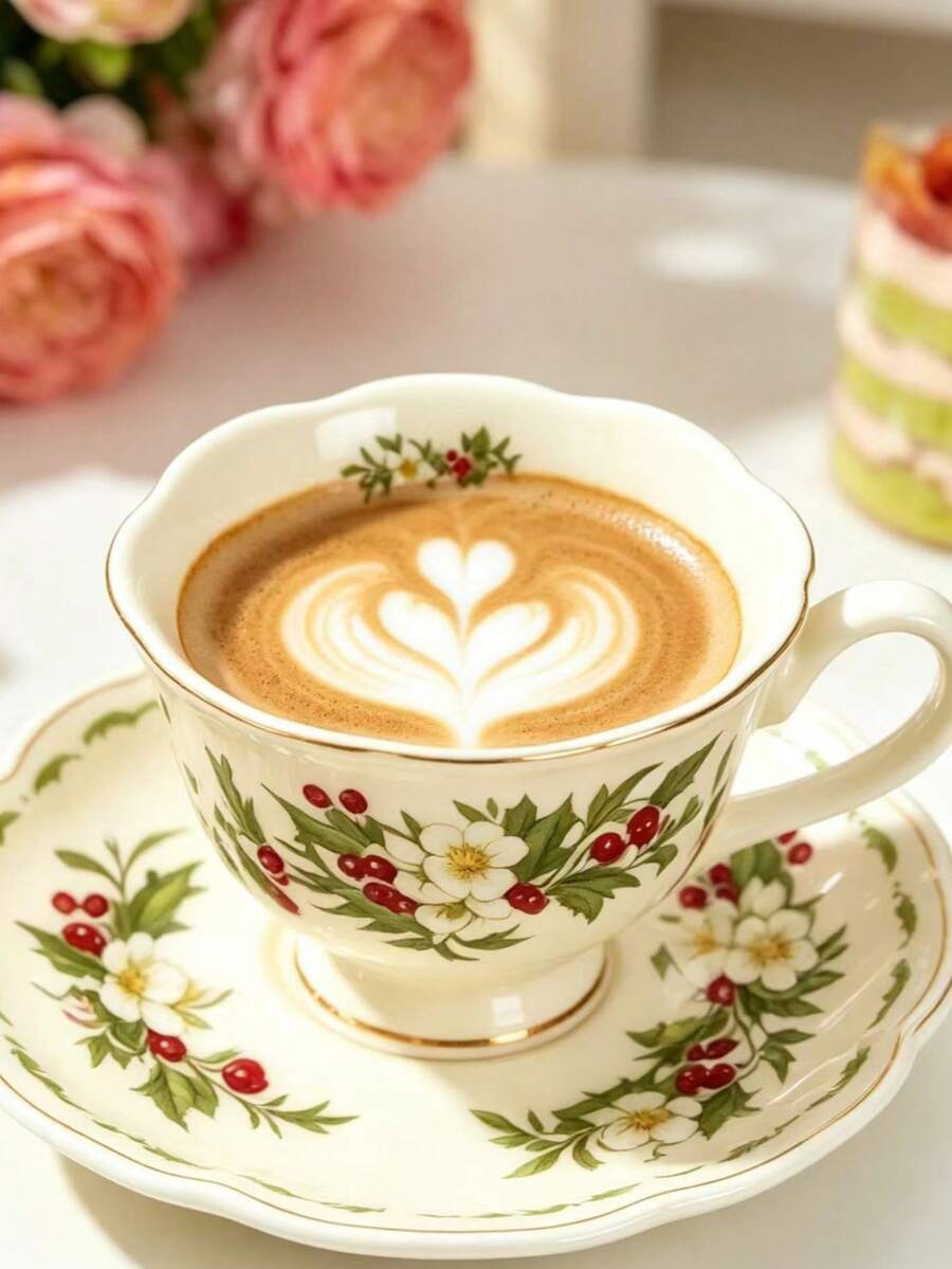 1 Set 90ml Vintage Holly Berry Ceramic Coffee Cup & Saucer, Microwave And Dishwasher , Espresso, Arabic Coffee Cup, Saudi Coffee Cup, Suitable For Afternoon Tea, Cafe, Kitchen, Perfect Gift - Multicolor - View 1