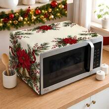 2dflat 1pc Red Poinsettia Bell Christmas Microwave Dust Cover, Red Christmas Flower Pine Branch Berry Gold Bell Kitchen Cover Cloth - Multicolor - View 6