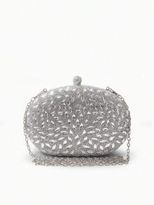 Women Oval Evening Clutch Leaf Rhinestone Pattern Ball Clasp Luxury Glamour Wedding Banquet Ball - Silver - View 8