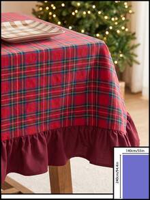 1pc Red Background Green & Black Plaid Tablecloth, Christmas Holiday Style Fabric Material, Rectangular With Scalloped Hem Design, Decorative Tablecloth For Christmas And Winter Home Decor - Red - View 16