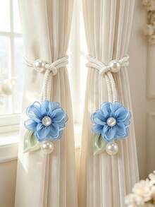 2pcs/Set French Style Fabric Floral Curtain Tieback Buckle Home Decor Pearl Embellished Curtain Buckle Suitable For Living Room Bedroom - Pearl Camellia Curtain Tie - View 21