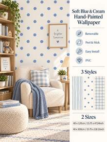 SUPSTICKER Soft Blue & Cream Self-Adhesive Wallpaper, 3 Patterns: Stripes, Plaid & Polka Dots, Suitable For Bedroom, Living Room & Study - 1PC - View 1