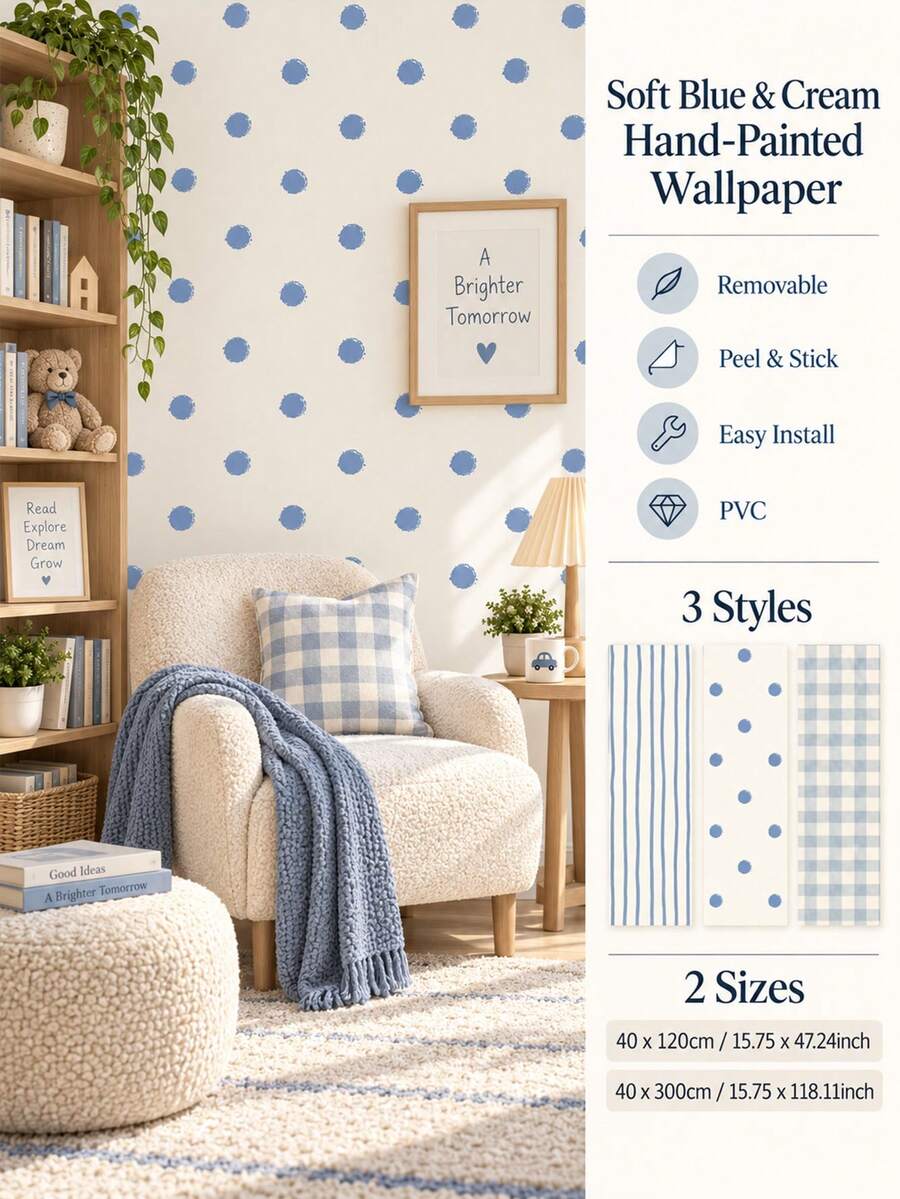 SUPSTICKER Soft Blue & Cream Self-Adhesive Wallpaper, 3 Patterns: Stripes, Plaid & Polka Dots, Suitable For Bedroom, Living Room & Study - 1PC - View 1