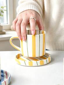 Hand Painted Vertical Striped Ceramic Mug & Saucer Set, Aesthetic Pastel Coffee Cup For Latte, Milk Tea, Afternoon Tea, Cute Table Decor - Multicolor - View 9