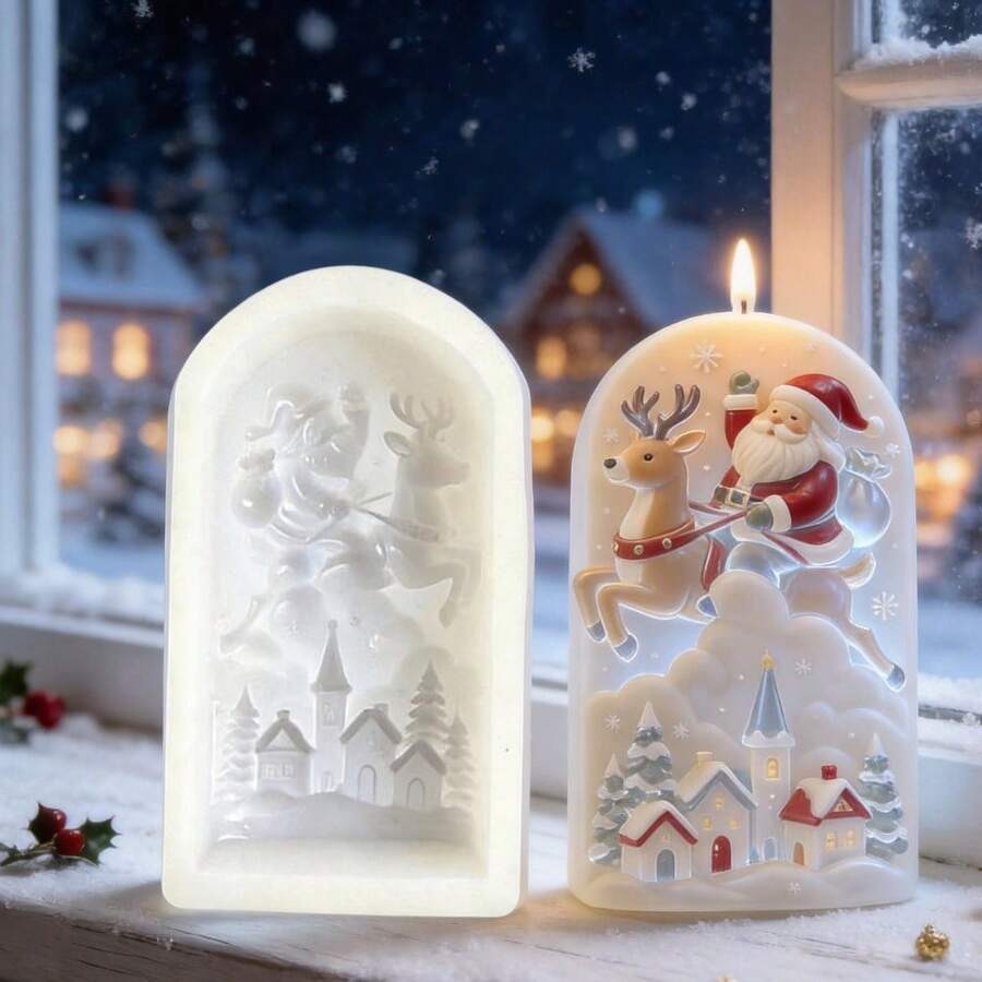 1pc 3D Santa Claus & Reindeer Silicone Mold, Christmas Village Embossed Candle Mold, Suitable For DIY Handmade Soap, Plaster, Resin Casting, Christmas Home Decor & Gift Making - Multiple Styles - View 1