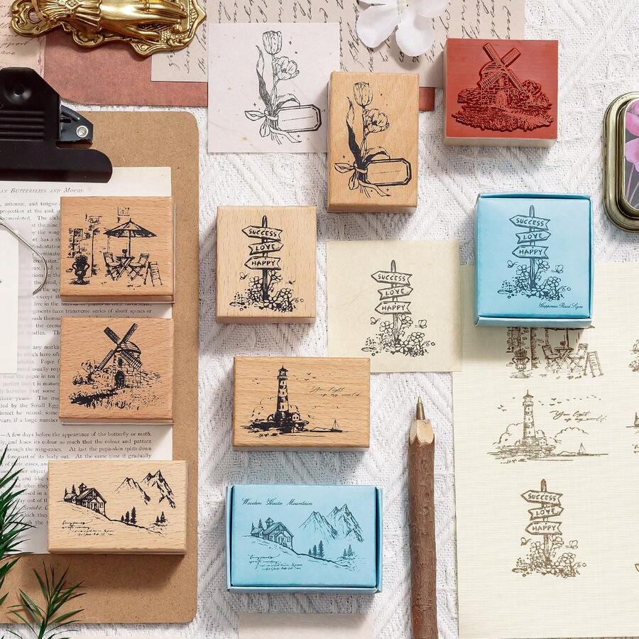 JotBox Wooden Stamp Vintage Scenery Collage Planner Diary Decoration Stamp Printing Basic Material Stamp - Wanderlust Moments - View 1