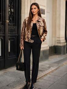 Women's Autumn Leopard Print Top Jacket, Lapel Long Sleeve Casual Outerwear - Mocha Brown - View 6