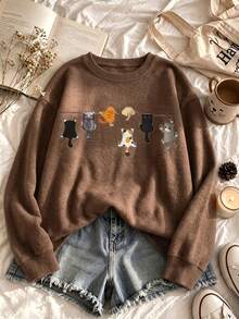 Women's Plus Size Pullover Sweater, 7 Kittens Pattern, Long Sleeve Crew Neck Pullover Sweater, Warm And Fashionable Choice For Autumn/Winter - Brown - View 2