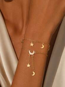 2pcs/Set Niche Design Star & Moon Tassel Decor Bracelet, Fashionable Versatile Women's Hand Jewelry, Suitable For Daily Commute, Dating And Shopping - Multicolor - View 1