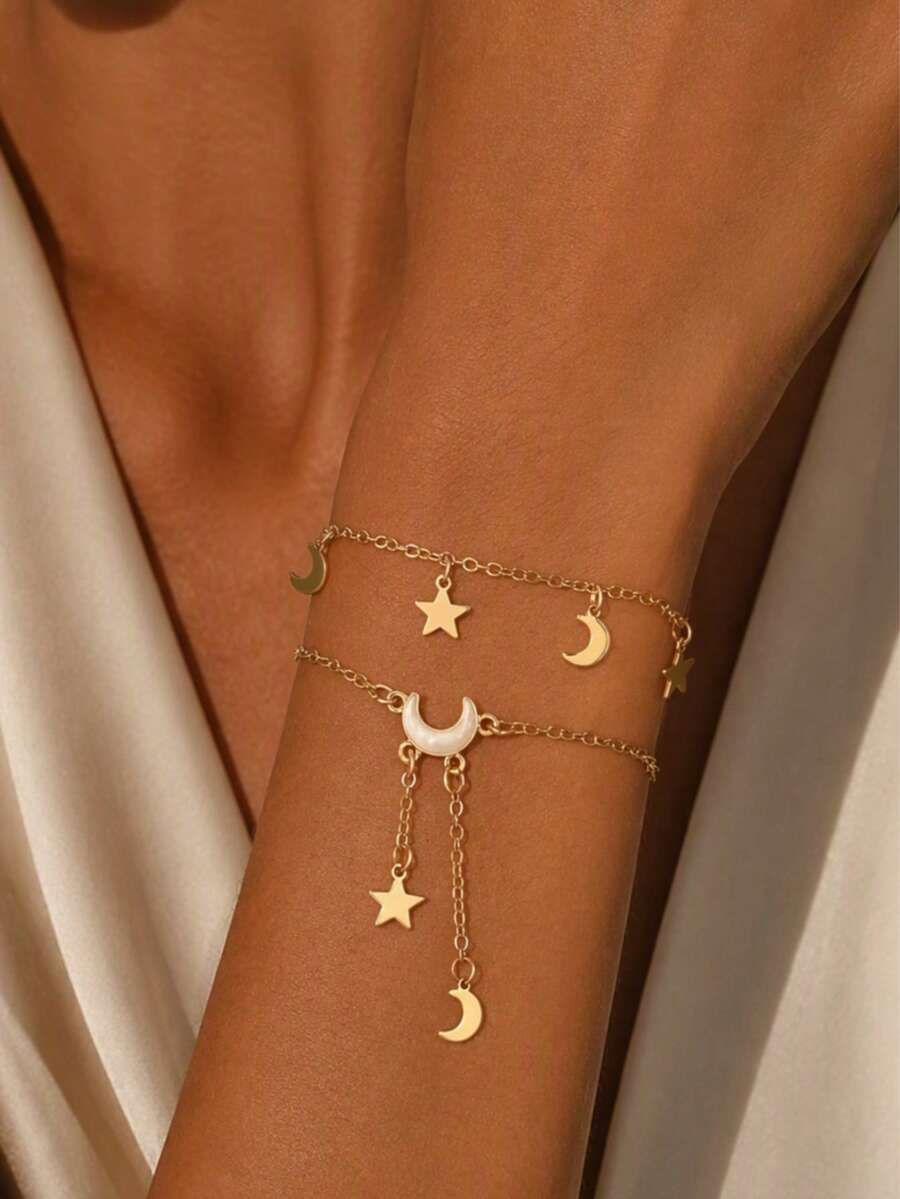 2pcs/Set Niche Design Star & Moon Tassel Decor Bracelet, Fashionable Versatile Women's Hand Jewelry, Suitable For Daily Commute, Dating And Shopping - Multicolor - View 1