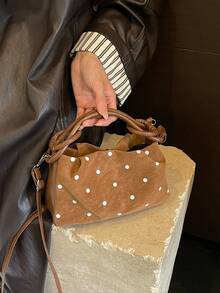 Fashion Polka Dot Pattern Pleated Handbag Niche Design Crossbody Bag Popular Exquisite Luxury Commuter Shoulder Bag; Crossbody Bag; PU; Open Design; Very Suitable For Office, School, Student, Back To School, Work Occasions, Business Activities, Commuting, Outdoor Activities, And Outings - Brown - View 5