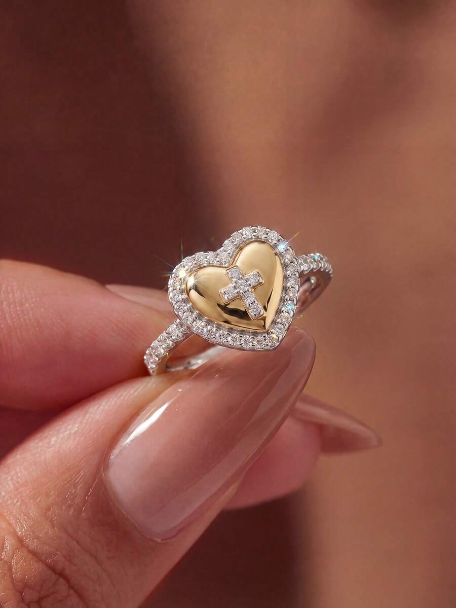 1pc Fashion Heart Cross Ring, Vintage Style Women's Daily Accessory Gift