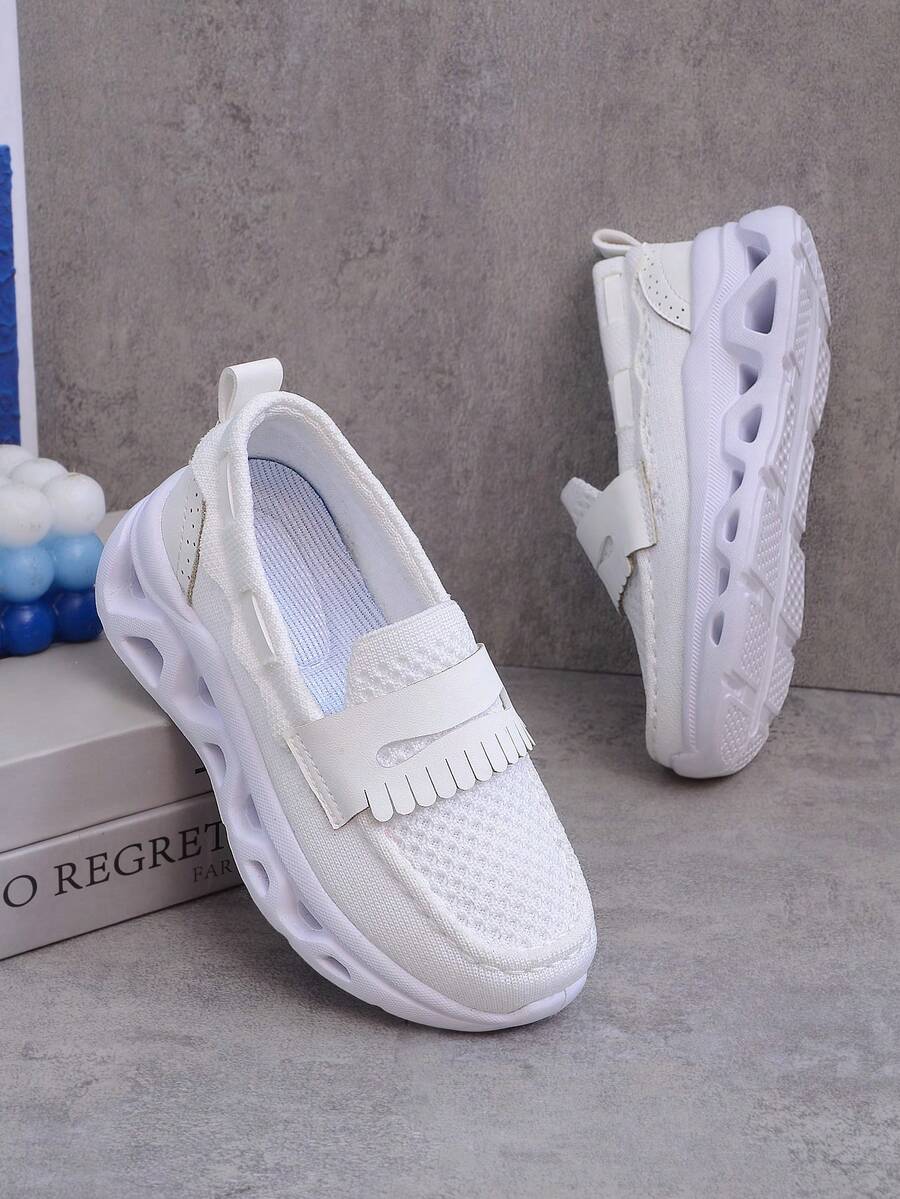 Girls' Hollow Mesh Loafers, Slip-On Easy On/Off, Thick Sole, Lightweight, Non-Slip, Versatile - White - View 1