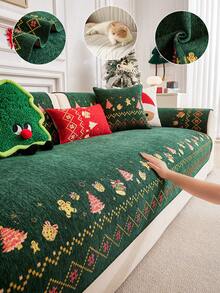 1Pc Christmas Themed Jacquard Sofa Cushion, Non Slip Couch Cover With Gingerbread & Xmas Tree Print, Washable Furniture Protector For Holiday Home Decor - Multicolor - View 9