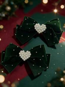 2pcs Valentine's Day Velvet Hair Clips, Red Rhinestone Heart Bow Hair Clips, Girly Style Hair Accessories, Suitable For Valentine's Day Party, Exquisite Gift For All Seasons - Dark Green - View 9