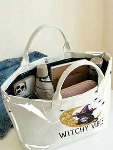 1pc, Halloween Magic Kitten Polka Dot Print Glossy PVC Tote Bag, Large Capacity, Top Handle, For Beach,Office Shopping Daily Use - Multicolor - View 6