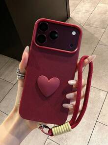1 Pack Cute Wine Red TPU Case, 3D Heart Strap, Daily Use, Gift For Friends, Mom, Besties, Apple11,13,Apple16 Pro Max,Apple17,14 Pro Max,Apple15 ,14,17 Pro Max,18 Pro Max. - Wine Red - View 4