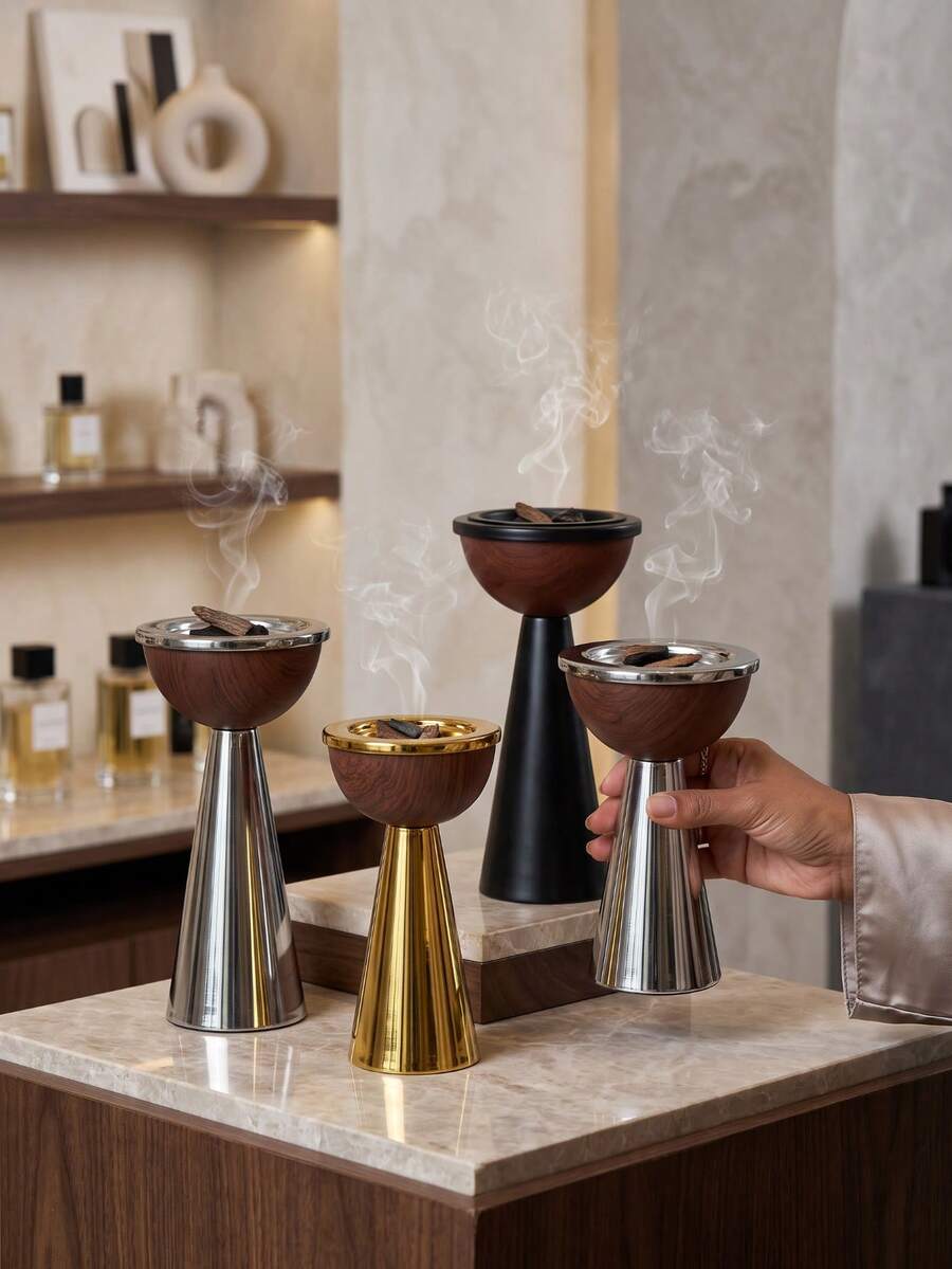 Luxury Metal Incense Burner Arabic Style, Dual-Use As Aromatherapy Diffuser And Incense Burner, Creates Elegant Atmosphere For Home And Home Decor, Suitable As Birthday Or Wedding Gift, Saudi National Day/Fragrance Corner - Wood Grain Style - View 1