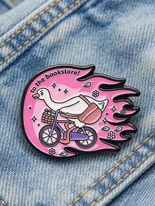 QIHOO 1pc Unny Goose Bicycle Enamel Pin "Go To Bookstore!" Pink Flame Cartoon Goose Lapel Pin Book Lover Backpack Decoration Gift - Multicolor - View 5