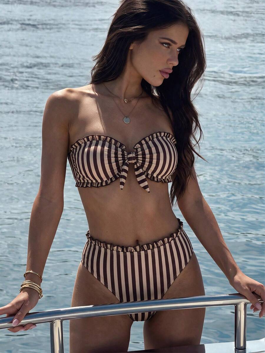 Women's Spring/Summer New Stripe Printed Small Lace Strapless Bikini 2 Pieces Set With Removable Shoulder Straps Vacation Beach - Multicolor - View 1