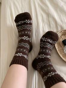 1/4/8 Pairs Women'S Vintage Brown Mid-Calf Socks With Snowflake, Cable, Or Stripe Patterns. Perfect For Fall And Winter-Great With Snow Boots Or Retro Dresses - Multicolor - View 8