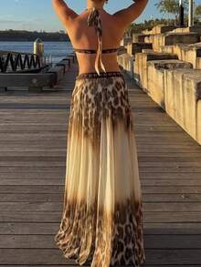 Women's Elegant Sexy Bold Avant-Garde Date Beach Halter Neck Printed Dress - Brown - View 5