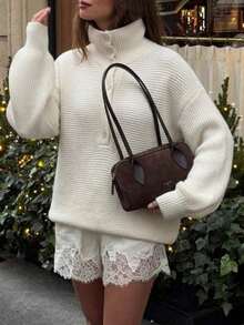 Women's Plus Size Knit Turtleneck Sweater, Button Decor Long Sleeve Winter Top - White - View 3