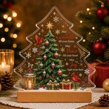 Lepaskan lapisan film sebelum digunakan, Biarkan kebaikan menerangi jalanmu. Dekorasi meja akrilik pohon Natal dengan alas kayu solid, rumah salju, manusia salju, burung robin, lentera, kepingan salju, kutipan berkat bahasa Inggris, hadiah kreatif Natal musim dingin untuk rumah, tidak memerlukan listrik. - A - View 13