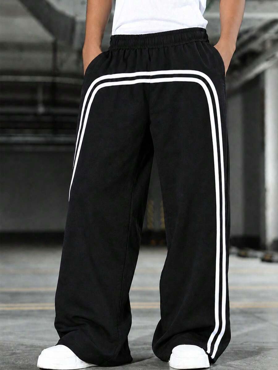 1pc Boys' Simple Preppy Striped Straight Leg Wide Leg Loose Thickened Casual Long Pants - Black - View 1