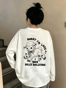 女款時尚秋冬寬鬆百搭字母與卡通羊印花長袖T恤休閒風 - 白色 - 查看 1