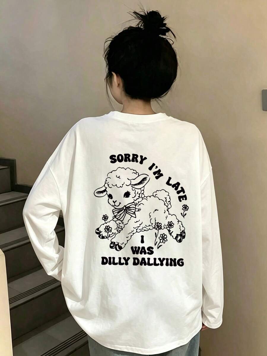 女款時尚秋冬寬鬆百搭字母與卡通羊印花長袖T恤休閒風 - 白色 - 查看 1