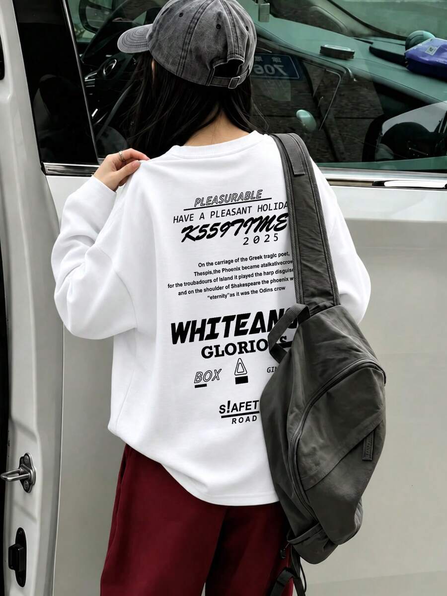 Women's Spring/Autumn Pure Cotton Loose Fit Versatile Round Neck Fashion Casual Letter Print Long Sleeve T-Shirt - White - View 1