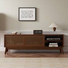 Mid-Century Modern Rattan TV Stand For 59-Inch And 65-Inch TVs, Entertainment Center, Media Console For Living Room And Media Room, Solid Wood Legs And Rattan Doors - Dark Walnut - Dark Walnut - View 2