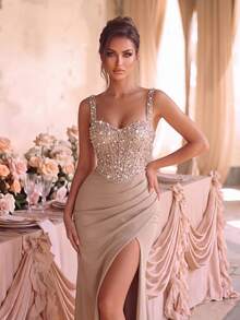 Women's Charming Sleeveless Backless Long Dress With Shoulder Straps, Contrast Sequin Decor, Slit Hem, Suitable For Formal Occasions And Balls - Champagne - View 3
