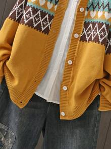 Cárdigan de manga larga con patrón geométrico, informal para otoño/invierno, talla grande - Amarillo - Ver 4