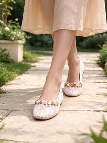 Meng Jie Women Square Toe Lace Mesh Colorful Floral Decor Slip‑On Flats, Fashion Flat Shoes, Lightweight Daily Dress Matching Casual Footwear - White - View 1