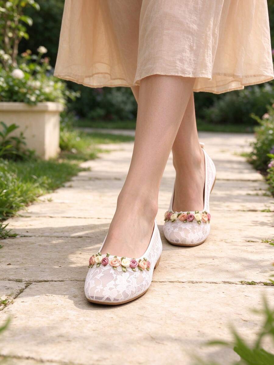 Meng Jie Women Square Toe Lace Mesh Colorful Floral Decor Slip‑On Flats, Fashion Flat Shoes, Lightweight Daily Dress Matching Casual Footwear - White - View 1