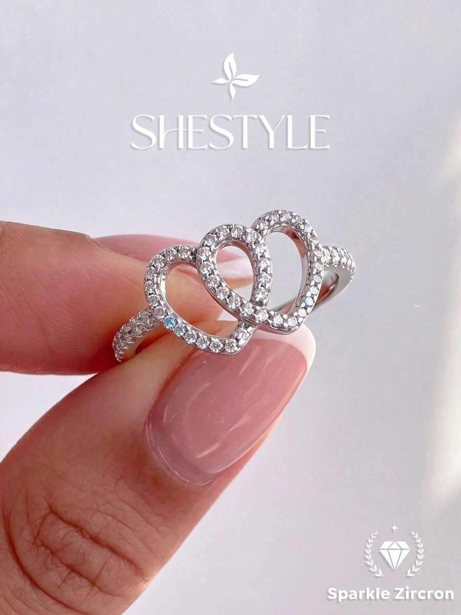 1pc Rhinestone Double Heart Ring, Exquisite And Unique, Suitable For Balls, Gatherings And Parties, High-Quality Women's Jewelry Gift - Double Heart - View 1