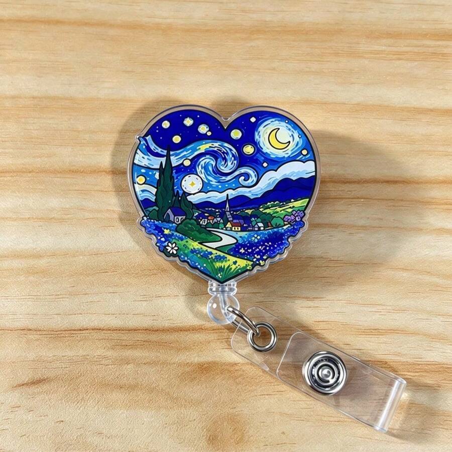 2D Flat 1pc Art Oil Painting Heart Design Retractable Scroll Sliding ID Badge Holder, Suitable For Teachers, Students, Doctors, Nurses, Creative Multi-Purpose Office Gift, Back To School School Supplies Accessory, Team Gift