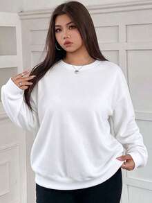 SUPEKYKO Plus Size Women's Solid Color Crew Neck Sweatshirt, Loose Casual Long Sleeve Pullover, Suitable For Hiking, Outdoor And Daily Wear - White - View 3