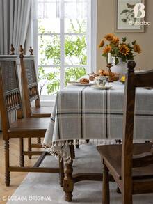 Bubaba Blue-Grey Plaid Tassel Tablecloth, Country Farmhouse Style Rectangular Tablecloth, Linen Texture Decorative Tablecloth, Suitable For Dining Room, Kitchen, Party And Daily Home Decor - Multicolor - View 9