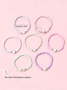 7pcs/Set Star & Heart Pendant Colorful Seed Bead Elastic Bracelets, Multi-Layer Stackable Jewelry For Girls Party - Multicolor - View 3
