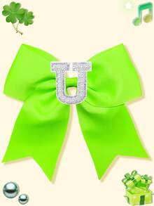 1pc Girls Bright Grosgrain Ribbon Bow Hair Clip, Pearl Rhinestone A-Z Alphabet Letter Decor Bow Hair Barrettes, Cute Girls Daily Hair Accessories - Lime Green - View 34