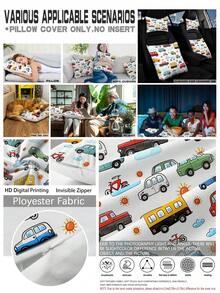 1/2pcs Vintage Cartoon Car And Bus Design Pillowcases, Multiple Sizes Available, Zipper Closure - Perfect For Sofa, Bedroom, Patio Decor, Decorative Lumbar Pillow, Cushion Cover, No Pillow Insert - Multicolor - View 7