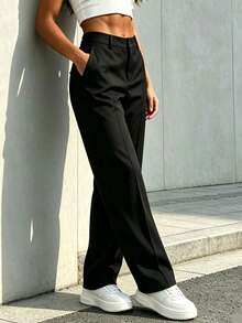 Women's High Waist Straight Leg Black Casual Commuter Pants - Black - View 4