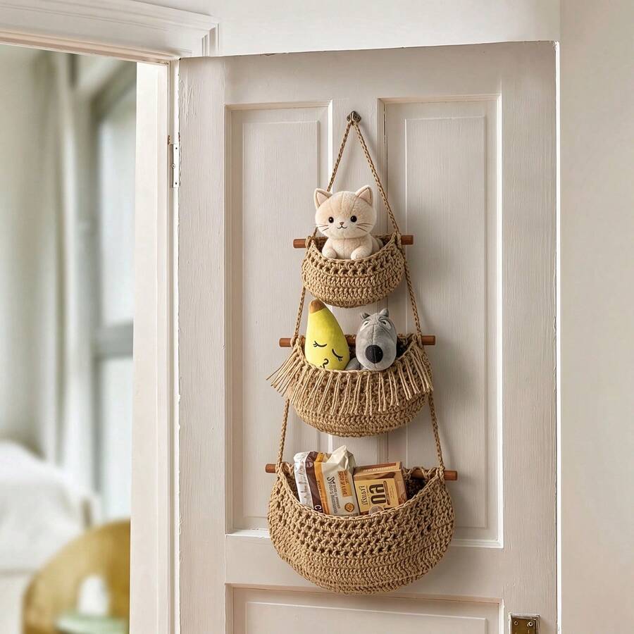 3-Tier Detachable Wall Hanging Woven Basket, Minimalist Nordic Boho Style Storage Basket For Toys, Keys, Glasses - 1pc - View 1