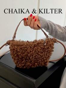 1pc Fashionable Small Bucket Plush Fabric Handbag, Suitable For Commuting, Shopping, Etc. - Coffee - View 5