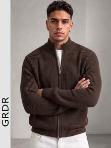 GRDR Men's Casual Long Sleeve Zip-Up Cardigan Sweater, Versatile Everyday Knitwear - Brown - View 3