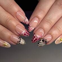 24 Autumn/Winter Acrylic Nail Tips: French Manicure With Leopard Print, Metallic Star, And RhinestonesPerfect For Women Shopping, Socializing, And Photo Shoots. Maxes Out Your Style And Goes With Any Outfit For Stunning Photos. - Multicolor - View 6